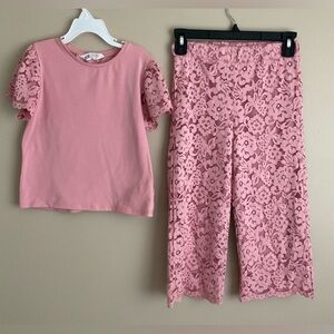 ☃️☃️H&M Girl’s Soft Pink Color Cotton/ Lace Wide Pants on Elastic Set, 7/8…
